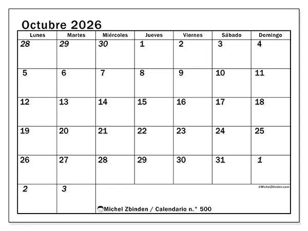 Calendario de octubre de 2026 para imprimir - Planificación intensiva