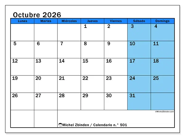 Calendario de octubre de 2026 para imprimir - Estudios dinámicos