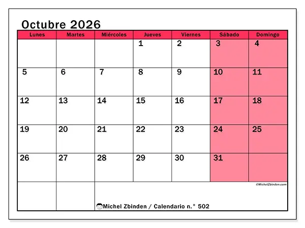 Calendario de octubre de 2026 para imprimir - Gestión luminosa