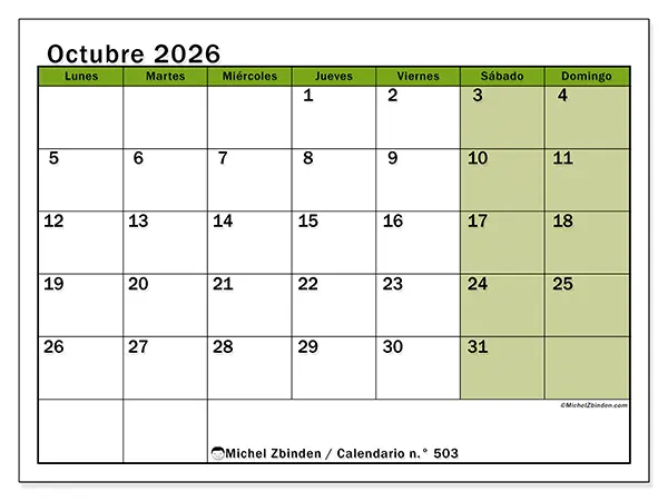 Calendario de octubre de 2026 para imprimir - Organización viva