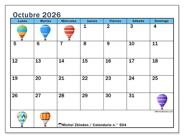Calendario de octubre de 2026 para imprimir - Globos aerostáticos