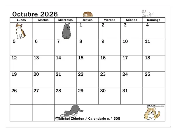 Calendario de octubre de 2026 para imprimir - Vida de gato
