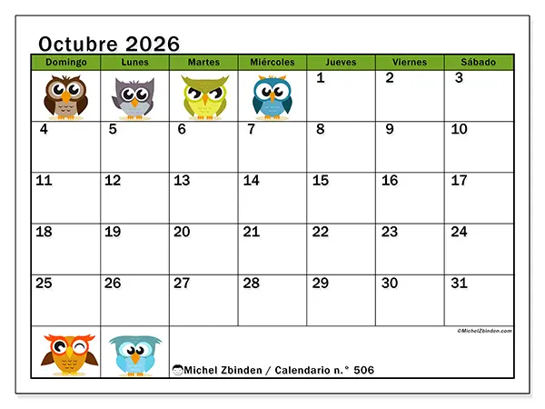 Calendario de octubre de 2026 para imprimir - Búhos divertidos - Semana de domingo a sábado