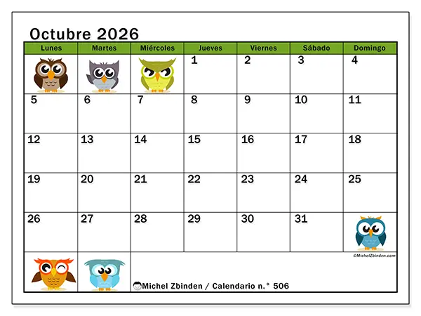 Calendario de octubre de 2026 para imprimir - Búhos divertidos
