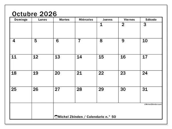 Calendario de octubre de 2026 para imprimir - Planificación óptima - Semana de domingo a sábado