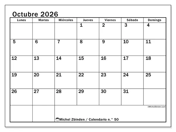 Calendario de octubre de 2026 para imprimir - Planificación óptima