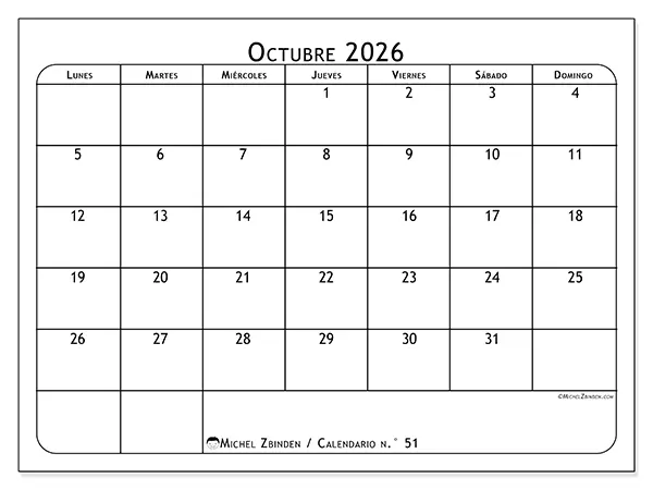Calendario de octubre de 2026 para imprimir - Planificador de comidas
