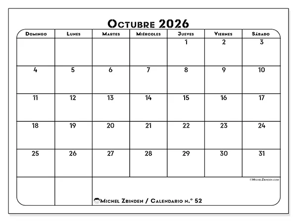 Calendario de octubre de 2026 para imprimir - Organización profesional - Semana de domingo a sábado