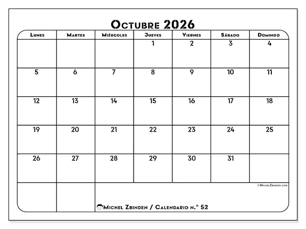 Calendario de octubre de 2026 para imprimir - Organización profesional