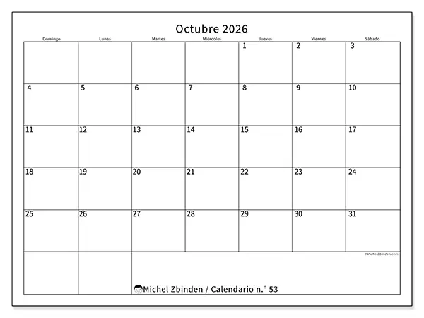Calendario de octubre de 2026 para imprimir - Horario eficiente - Semana de domingo a sábado