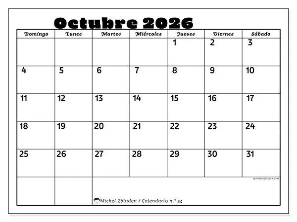 Calendario de octubre de 2026 para imprimir - Actividades en familia - Semana de domingo a sábado