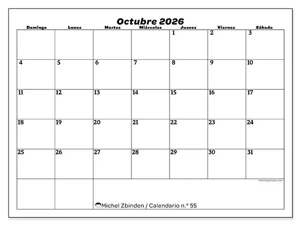 Calendario de octubre de 2026 para imprimir - Organización del ocio - Semana de domingo a sábado
