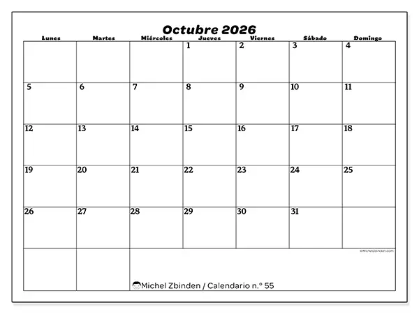 Calendario de octubre de 2026 para imprimir - Organización del ocio
