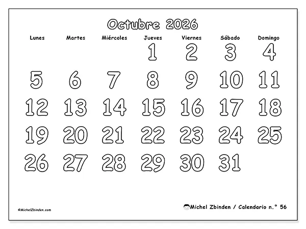 Calendario de octubre de 2026 para imprimir - Colorear útil