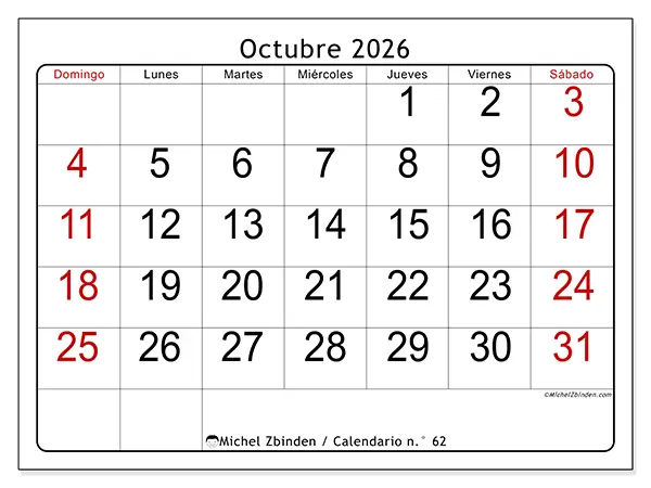 Calendario de octubre de 2026 para imprimir - Lectura rápida - Semana de domingo a sábado