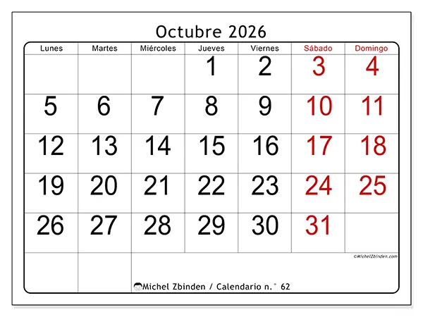 Calendario de octubre de 2026 para imprimir - Lectura rápida