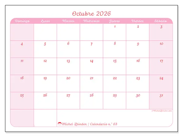 Calendario de octubre de 2026 para imprimir - Organización en suavidad - Semana de domingo a sábado
