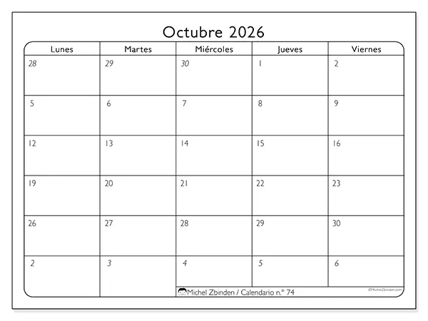 Calendario de octubre de 2026 para imprimir - Organización del trabajo