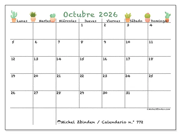 Calendario de octubre de 2026 para imprimir - Cactus decorativos