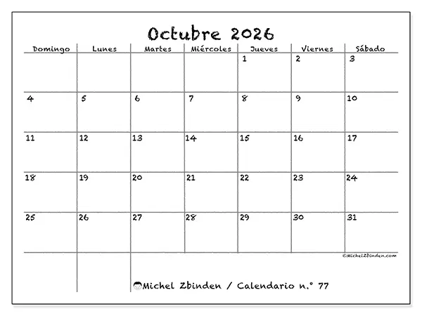 Calendario de octubre de 2026 para imprimir - Escuela y familia - Semana de domingo a sábado