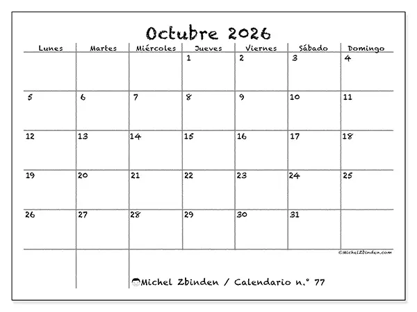 Calendario de octubre de 2026 para imprimir - Escuela y familia