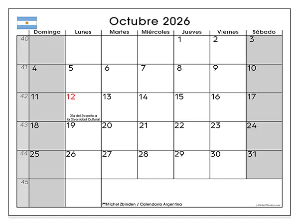 Calendario de octubre de 2026 para imprimir - Argentina