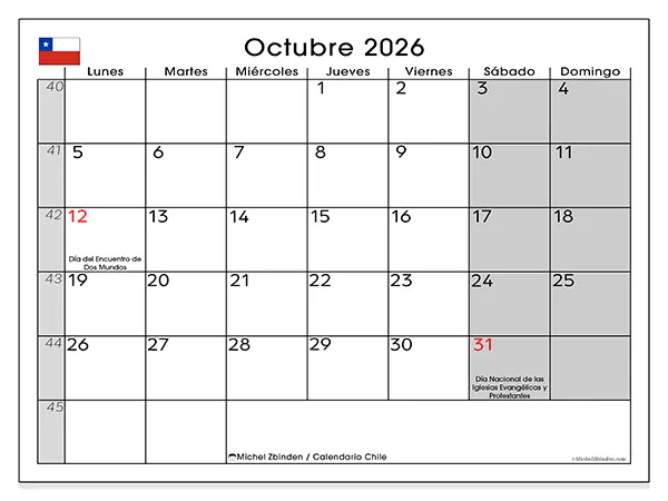 Calendario de octubre de 2026 para imprimir - Chile