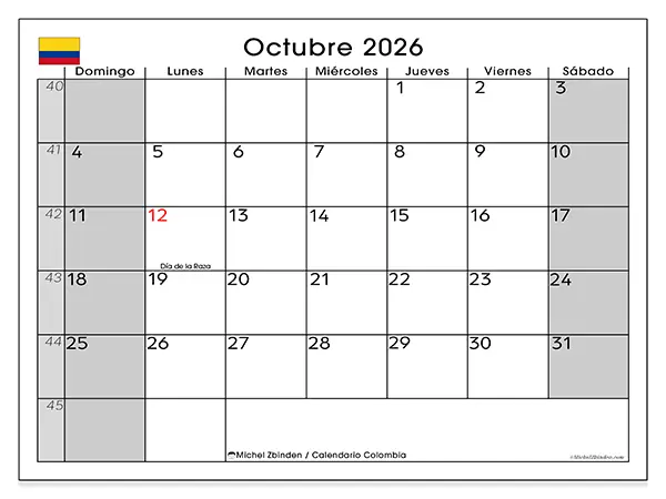 Calendario de octubre de 2026 para imprimir - Colombia