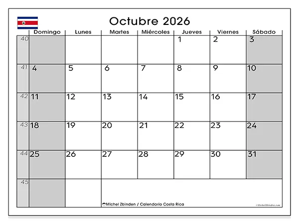 Calendario de octubre de 2026 para imprimir - Costa Rica