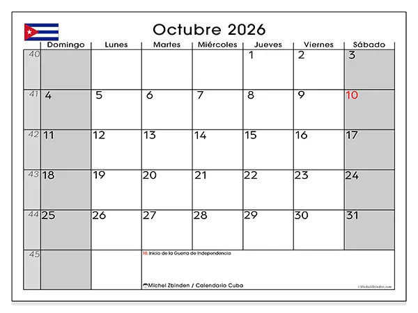 Calendario de octubre de 2026 para imprimir - Cuba