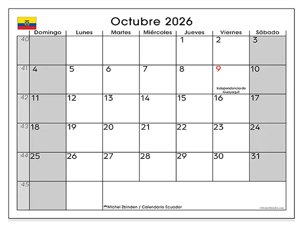 Calendario de octubre de 2026 para imprimir - Ecuador
