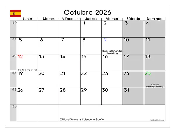 Calendario de octubre de 2026 para imprimir - España