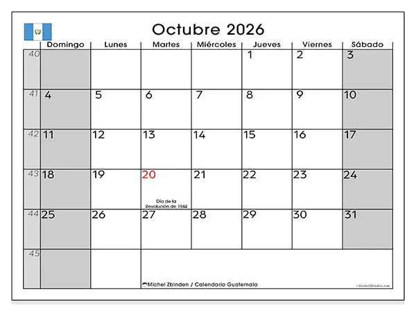 Calendario de octubre de 2026 para imprimir - Guatemala
