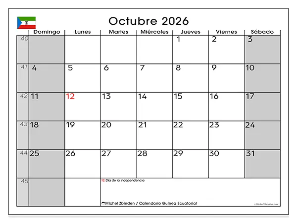 Calendario de octubre de 2026 para imprimir - Guinea Ecuatorial