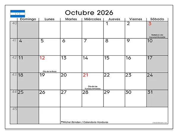 Calendario de octubre de 2026 para imprimir - Honduras