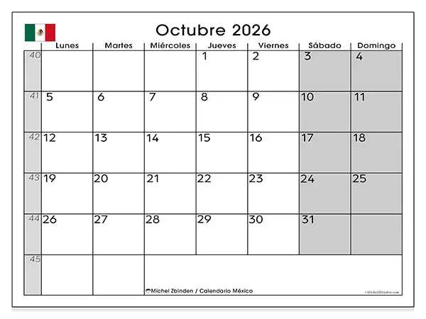 Calendario de octubre de 2026 para imprimir - México