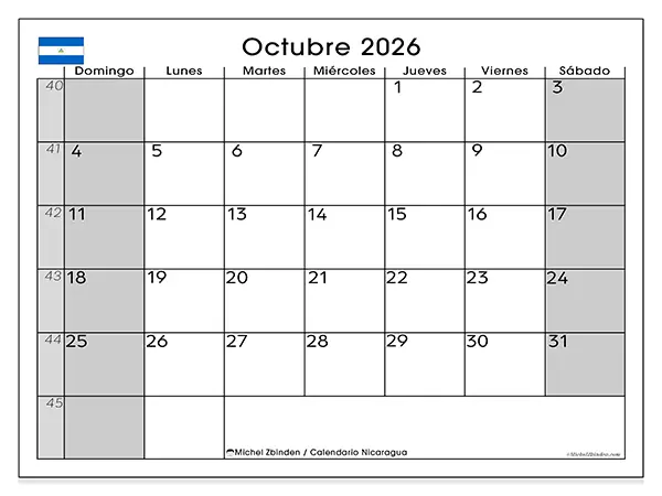Calendario de octubre de 2026 para imprimir - Nicaragua