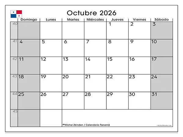 Calendario de octubre de 2026 para imprimir - Panamá