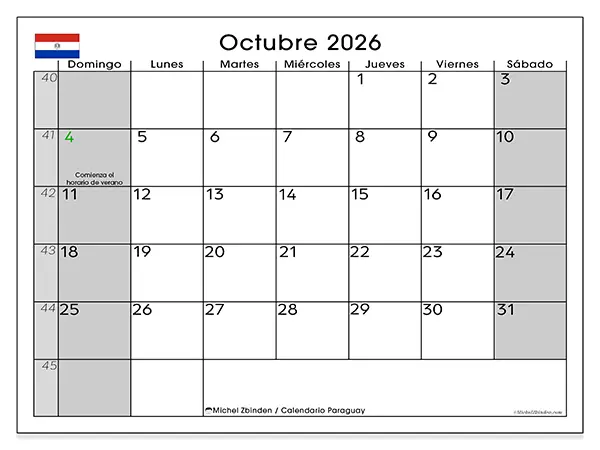 Calendario de octubre de 2026 para imprimir - Paraguay