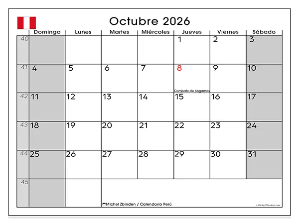 Calendario de octubre de 2026 para imprimir - Perú