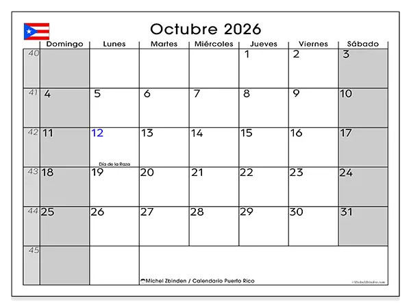 Calendario de octubre de 2026 para imprimir - Puerto Rico