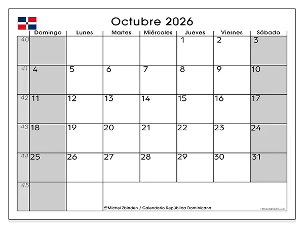 Calendario de octubre de 2026 para imprimir - República Dominicana