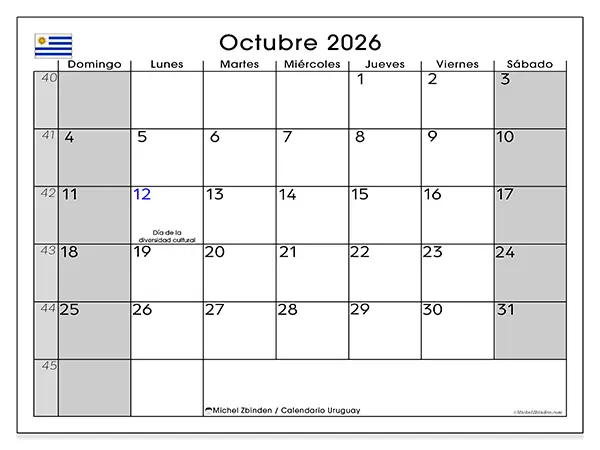 Calendario de octubre de 2026 para imprimir - Uruguay