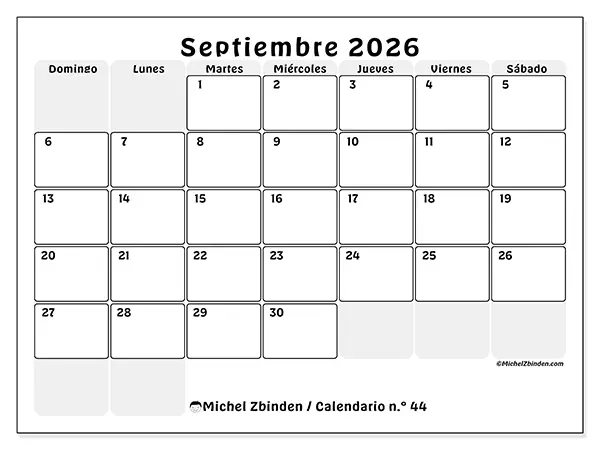 Calendario de septiembre de 2026 para imprimir - Planificación estructurada - Semana de domingo a sábado