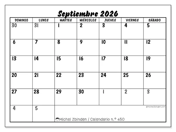 Calendario de septiembre de 2026 para imprimir - Organización detallada - Semana de domingo a sábado