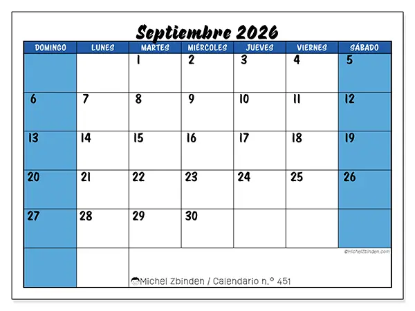 Calendario de septiembre de 2026 para imprimir - Organización dinámica - Semana de domingo a sábado
