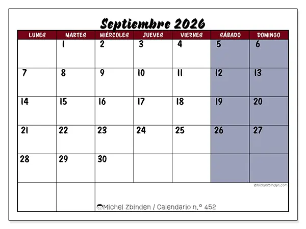 Calendario de septiembre de 2026 para imprimir - Productividad en color
