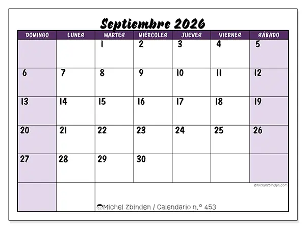 Calendario de septiembre de 2026 para imprimir - Eficiencia colorida - Semana de domingo a sábado