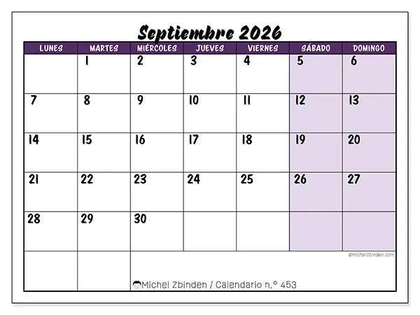 Calendario de septiembre de 2026 para imprimir - Eficiencia colorida