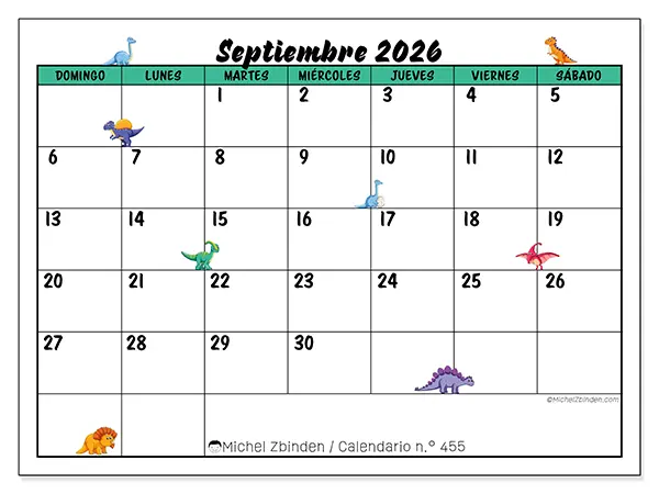 Calendario de septiembre de 2026 para imprimir - Pequeños dinosaurios - Semana de domingo a sábado